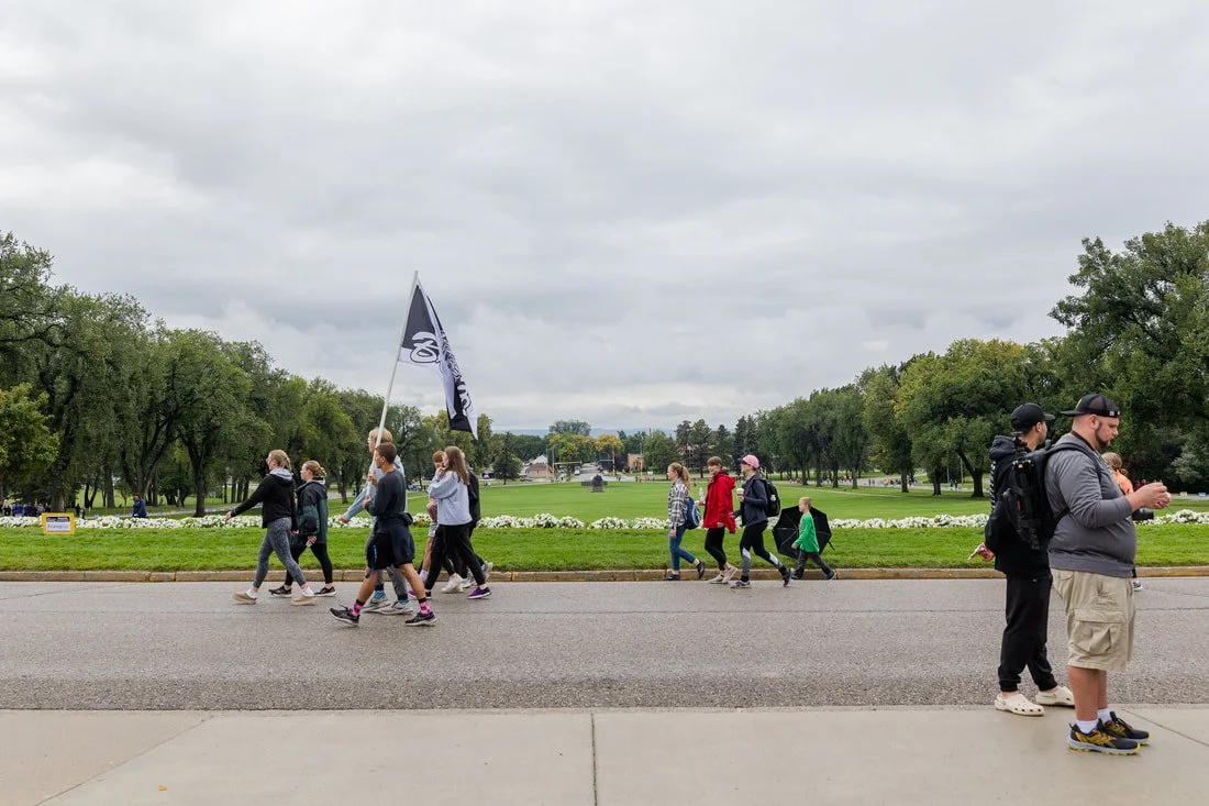 People walking in a park on a cloudy day, some holding flags, with trees and a fountain in the background.