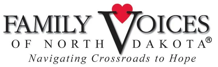 Family Voices of North Dakota logo with red heart and black text, tagline 'Navigating Crossroads to Hope'.