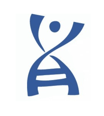 A stylized blue DNA double helix with a person in the center, representing science or genetics.