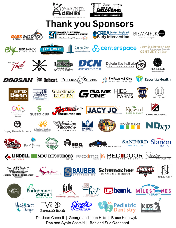 A collage of various sponsor logos for an event supporting Down syndrome awareness, including companies, health organizations, and local businesses.