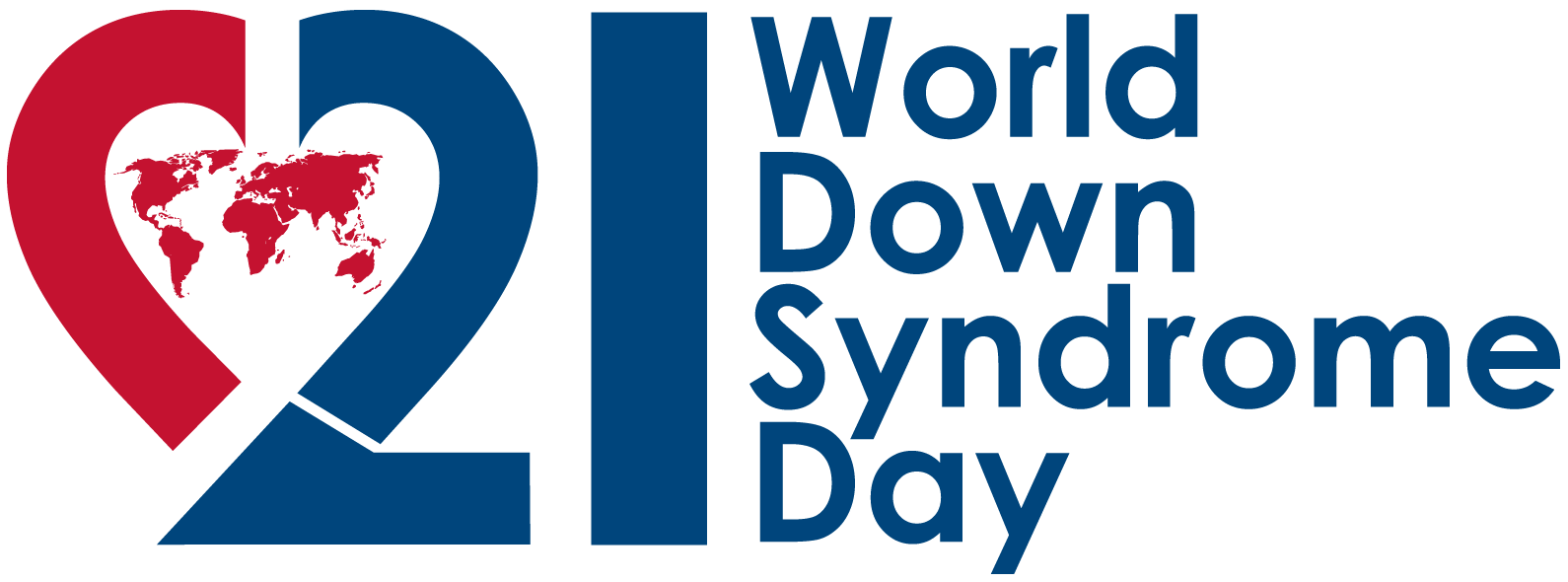 Logo for World Down Syndrome Day featuring a stylized heart with a world map inside and the number 21.