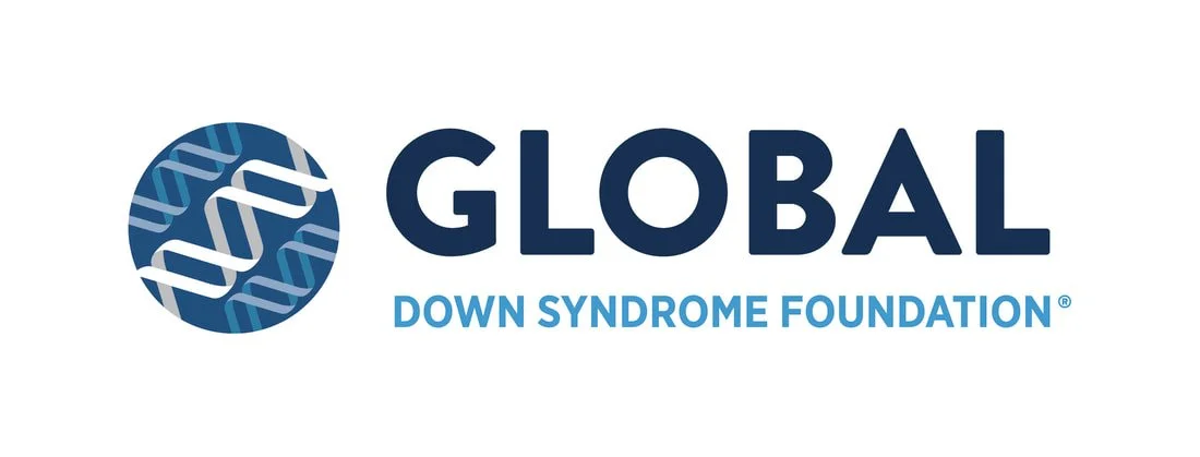 Logo of the Global Down Syndrome Foundation featuring a DNA strand graphic and the organization's name.