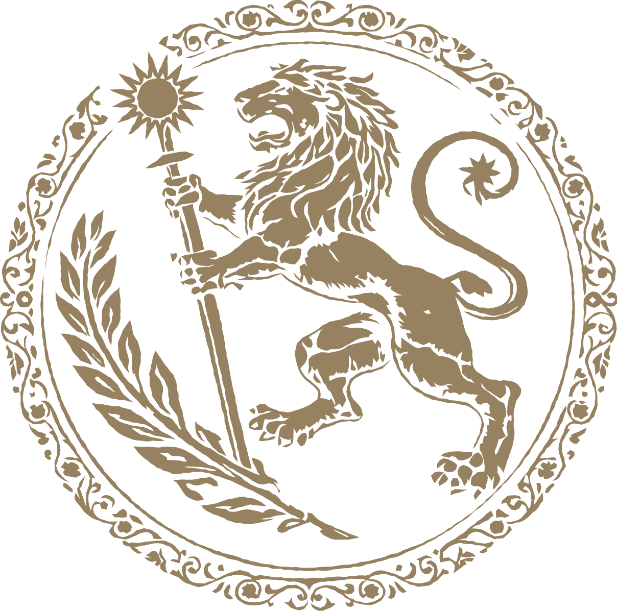 A heraldic emblem featuring a lion standing on its hind legs, holding a sword with a sun motif on top, surrounded by a decorative circular border with laurel leaves and floral patterns.