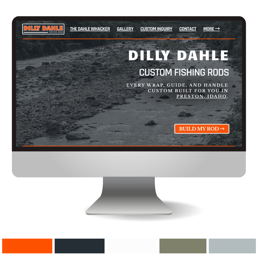 Website design mockup for Dilly Dahle Custom Rods featuring custom fishing branding and outdoor-inspired visuals.