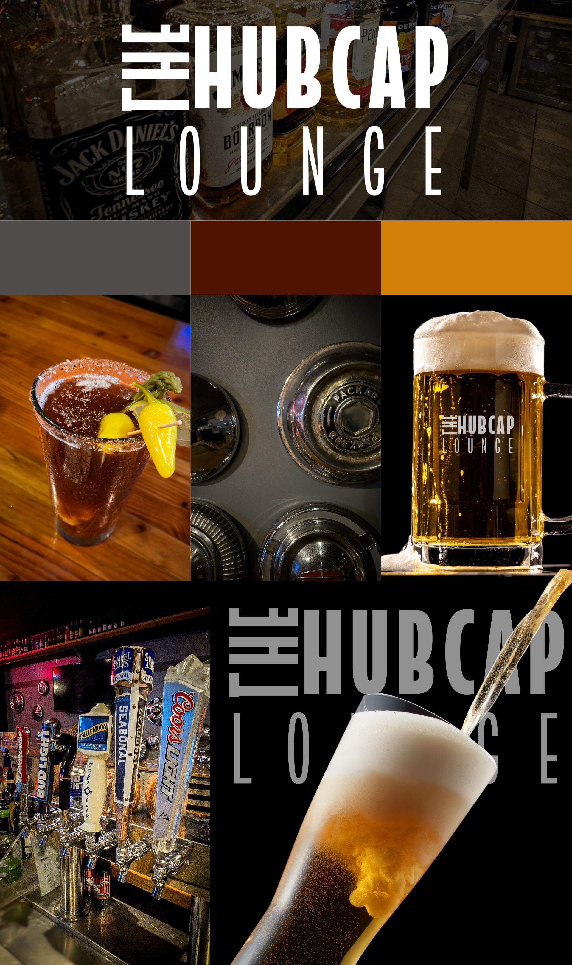 CUSTOM BRAND BOARD AND ASSETS IN ONE COLLAGE TO SHOWCASE THE SMALL TOWN BAR LOGO AND ASSETS THAT WERE CREATED BY BORDERTOWN BRANDING TO ADVERTISE THE SMALL TOWN BAR AND BRING IN MORE CUSTOMERS. PHOTO OF HUBCAPS ON WALL, CUSTOM LOGO, BEER ON BAR,TAPS