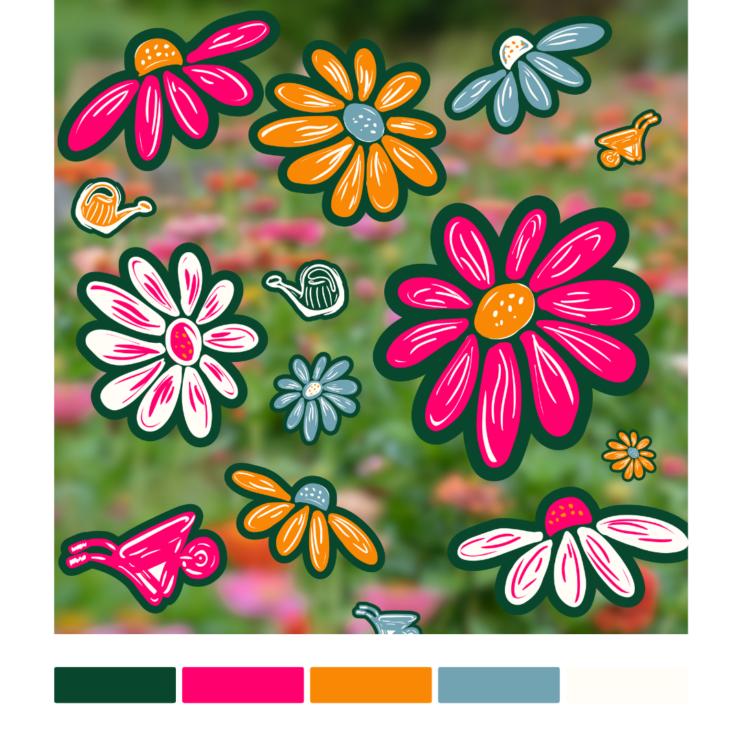 STICKER MOCKUPS OF HAND DRAWN FLOWERS THAT LOOK SIMILIAR TO DAISIES, HAND DRAWN WHEEL BARROW, HAND DRAWN WATERING CAN ON A BLURRED FLORAL BACKGROUND SHOWCASING THE CUSTOM COLORS FOR HAZELS ROOTS OF DARK GREEN, HOT PINK, BRIGHT ORANGE, SKY BLUE WHITE