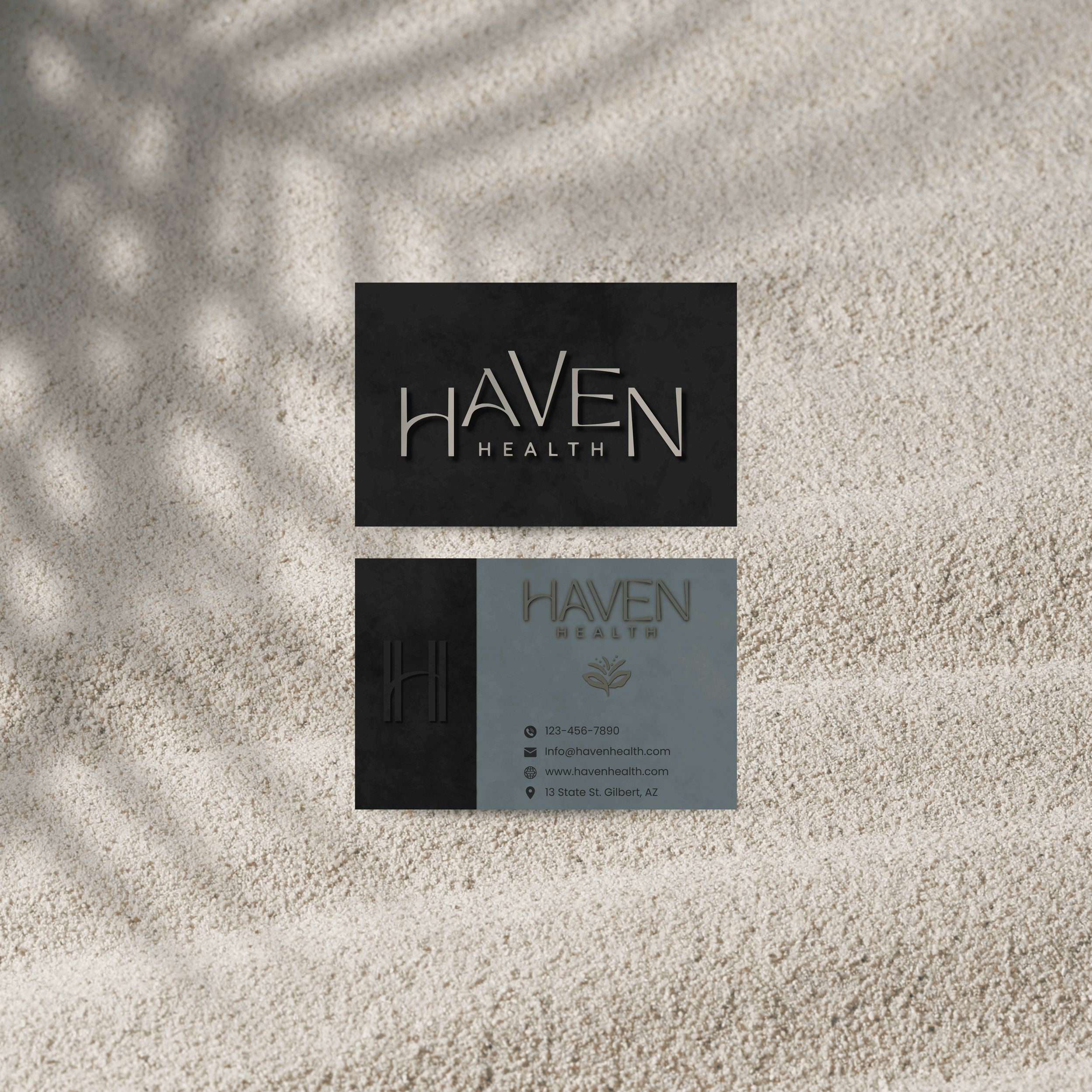 Minimal business card mockup created for Haven Health branding and visual identity design.