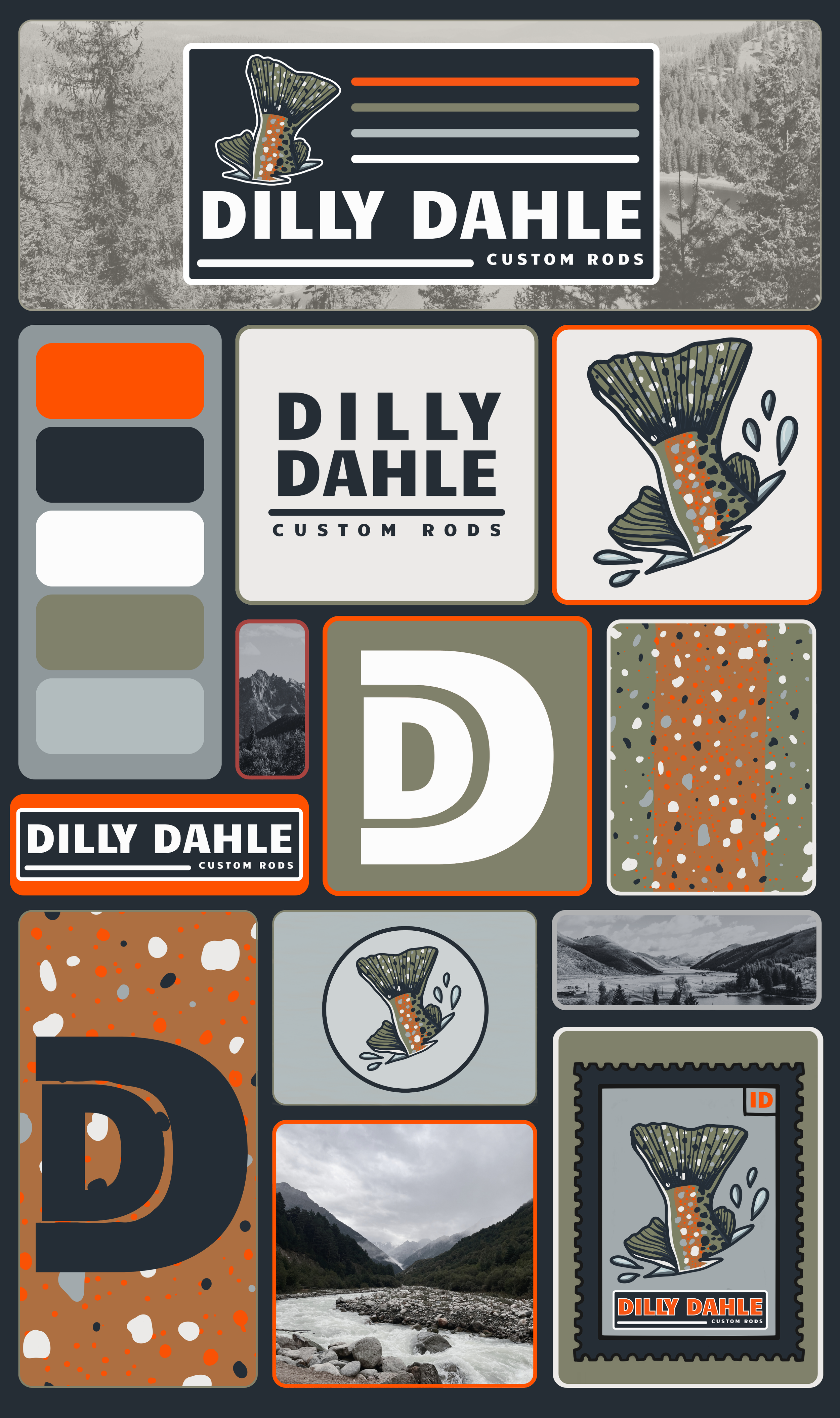 Brand identity and visual direction board created for Dilly Dahle Custom Rods.