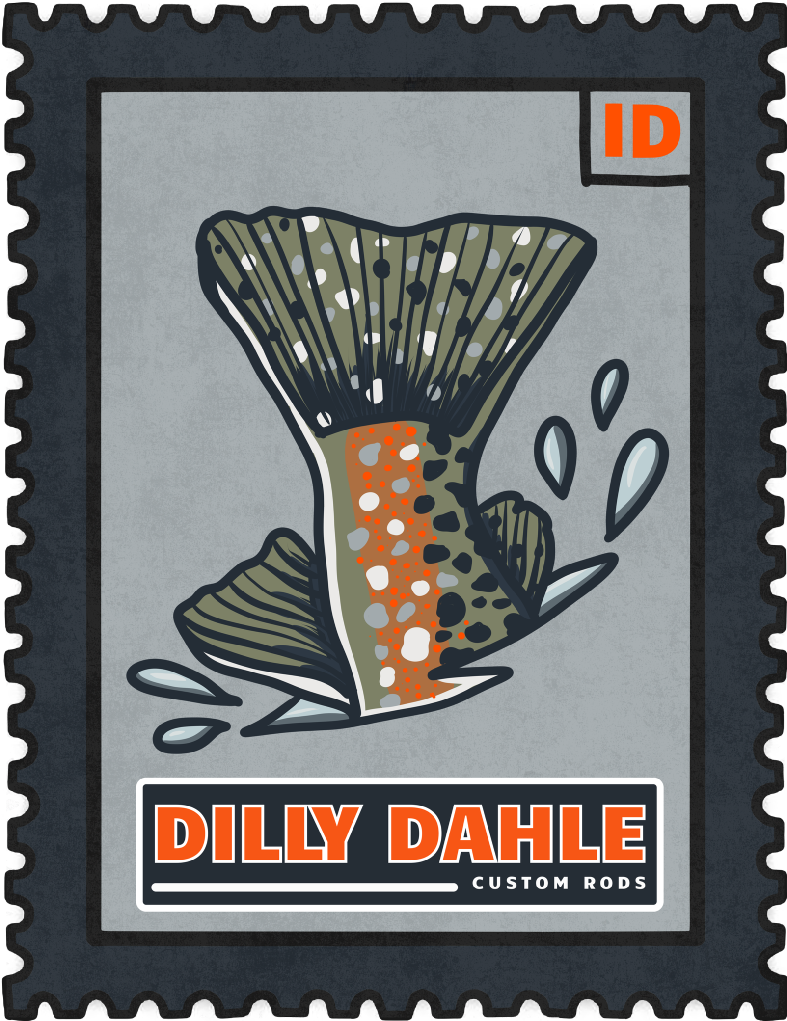 Vintage-inspired stamp illustration featuring trout artwork for Dilly Dahle Custom Rods branding.