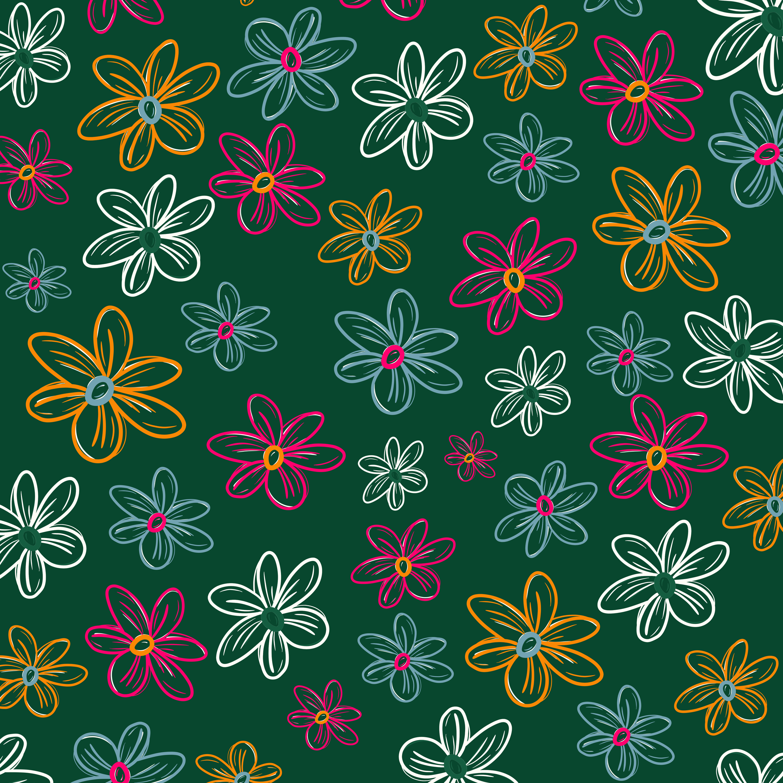 AN IMAGE WITH A DARK GREEN BACK GROUND AND HAND DRAWN FLOWERS IN PINK, SKY BLUE, OFF WHITE AND TANGERINE ORANGE FOR A BRAND FOR A YOUN ENTREPRENEUR TO BE USED ACROSS PLATFORMS, MERCH, AND MORE.