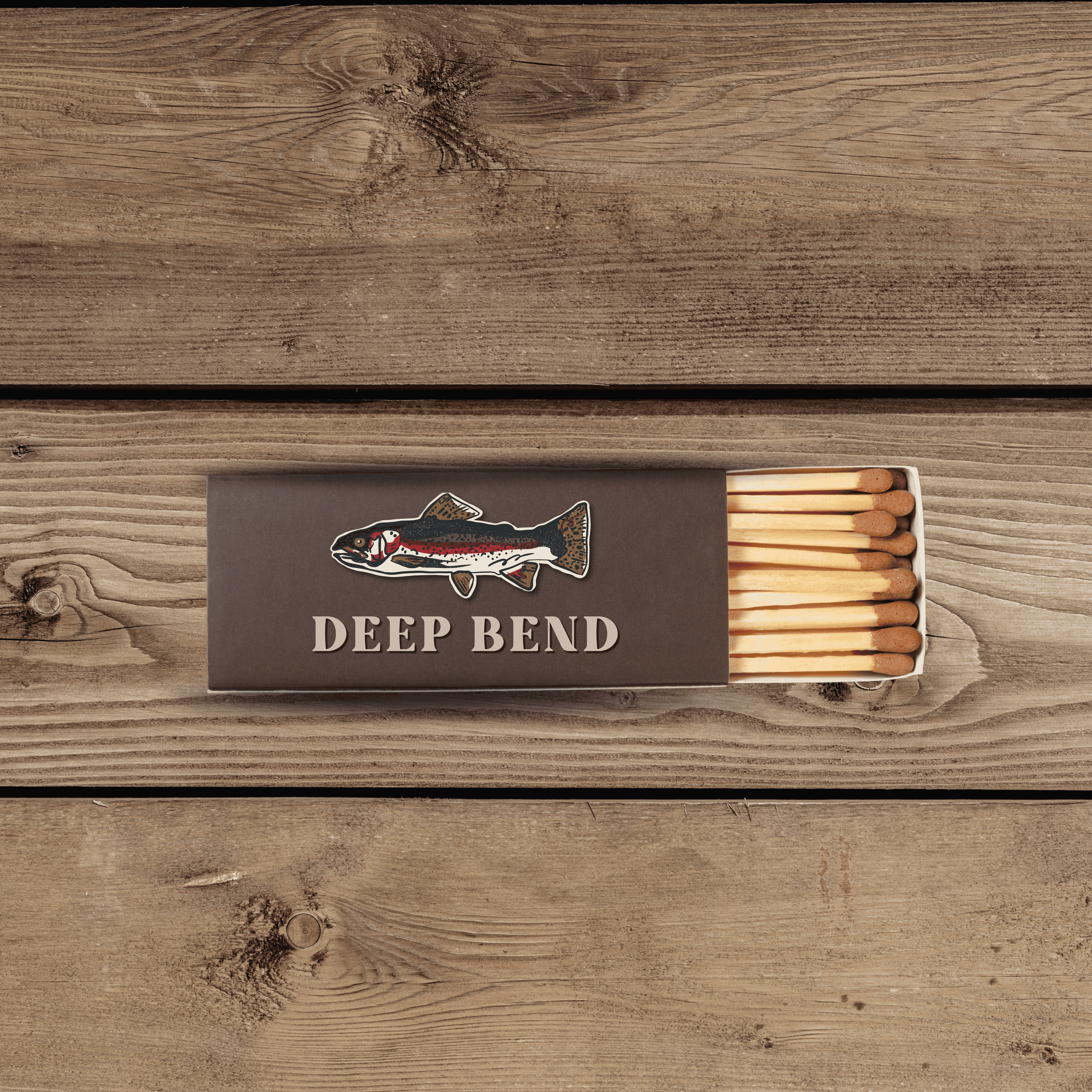 Rustic branding mockup for Deep Bend Outfitters featuring fishing-inspired outdoor branding elements.