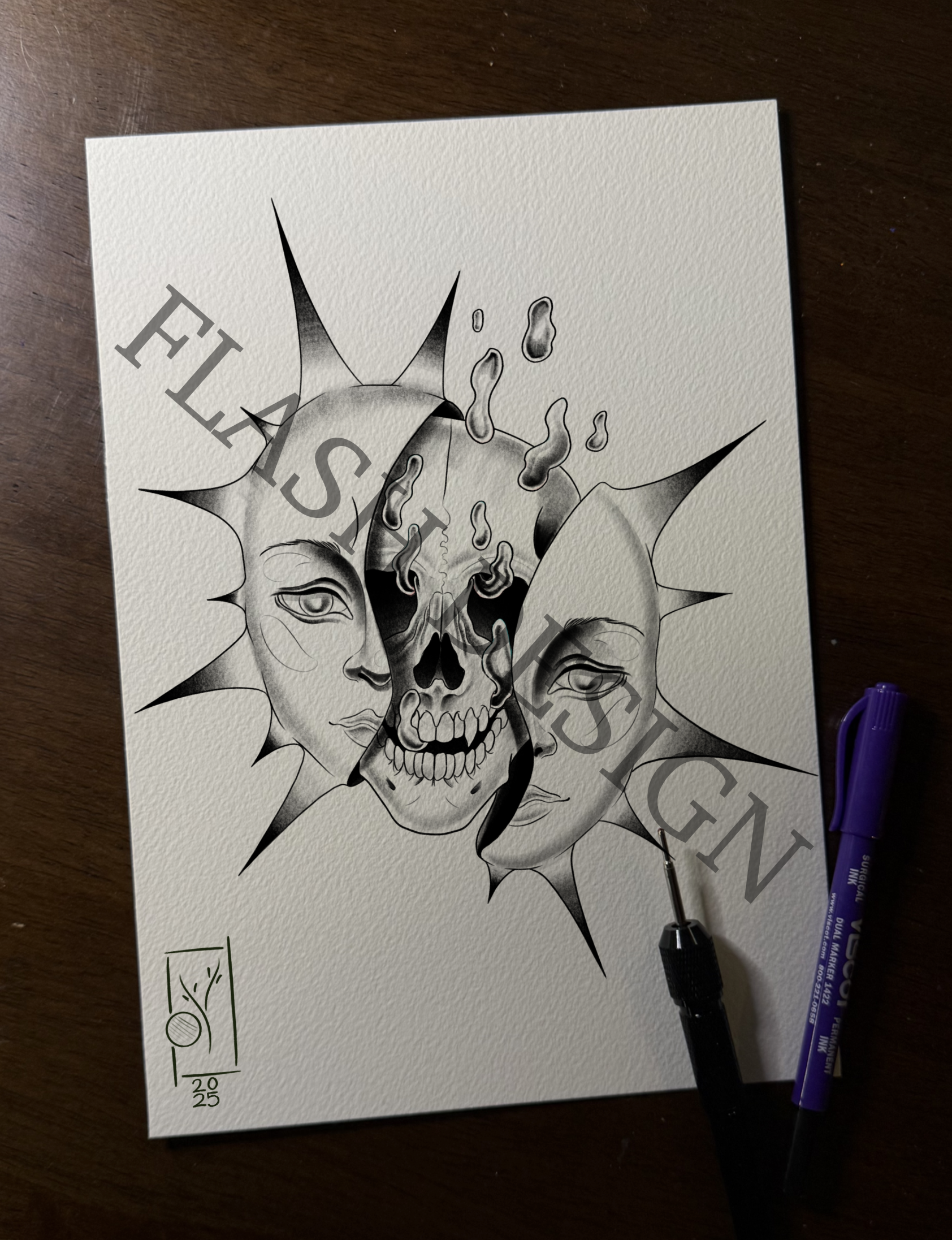 Sun and Skull Face | Pre-Drawn Design Tattoo Appointment