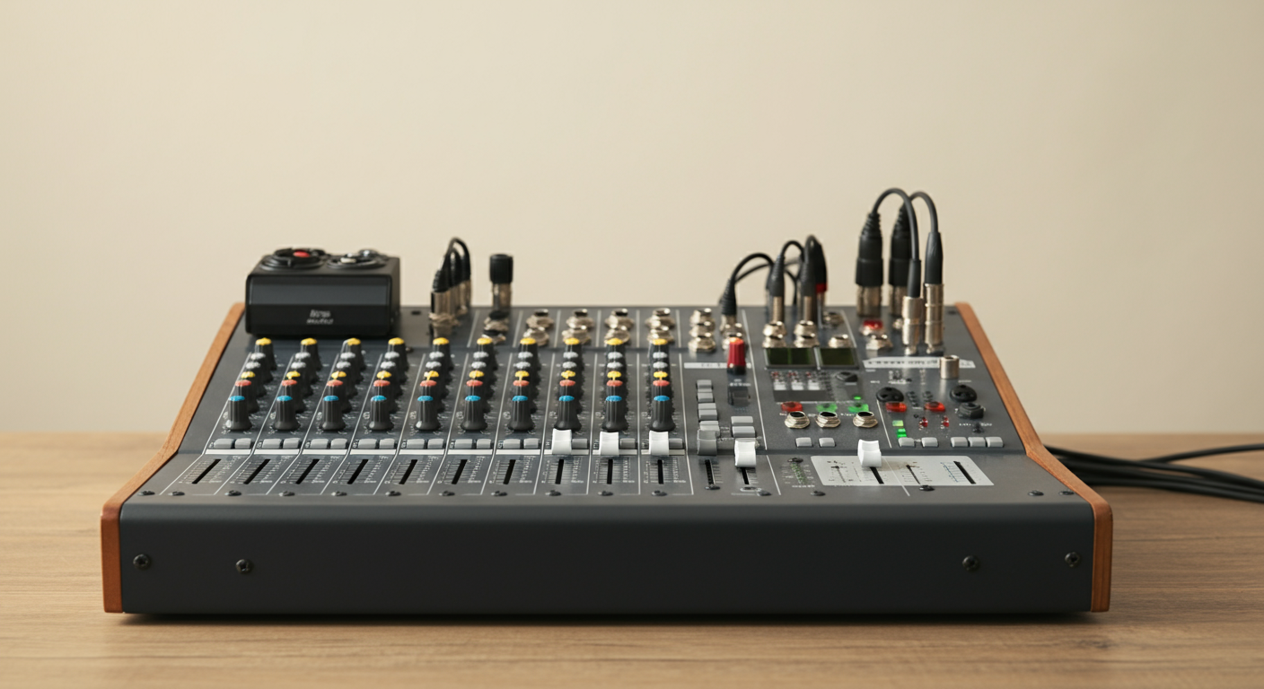 An audio mixing console on a wooden table with various knobs, faders, and input/output connections.