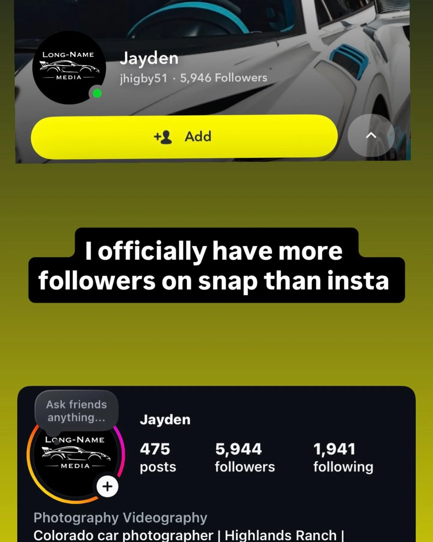 I did as a joke originally on snap but here we are!  Go follow jhigby51 on snap 
#snapchat #cars #longnamemedia