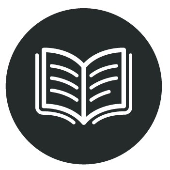 White open book icon on a dark gray circular background.