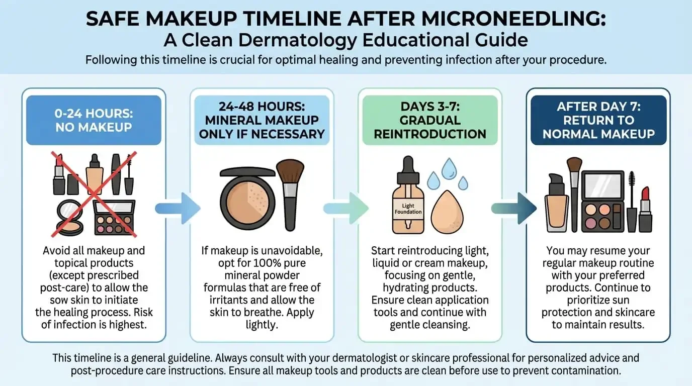 Timeline infographic showing when you can wear makeup after microneedling from day one through day seven