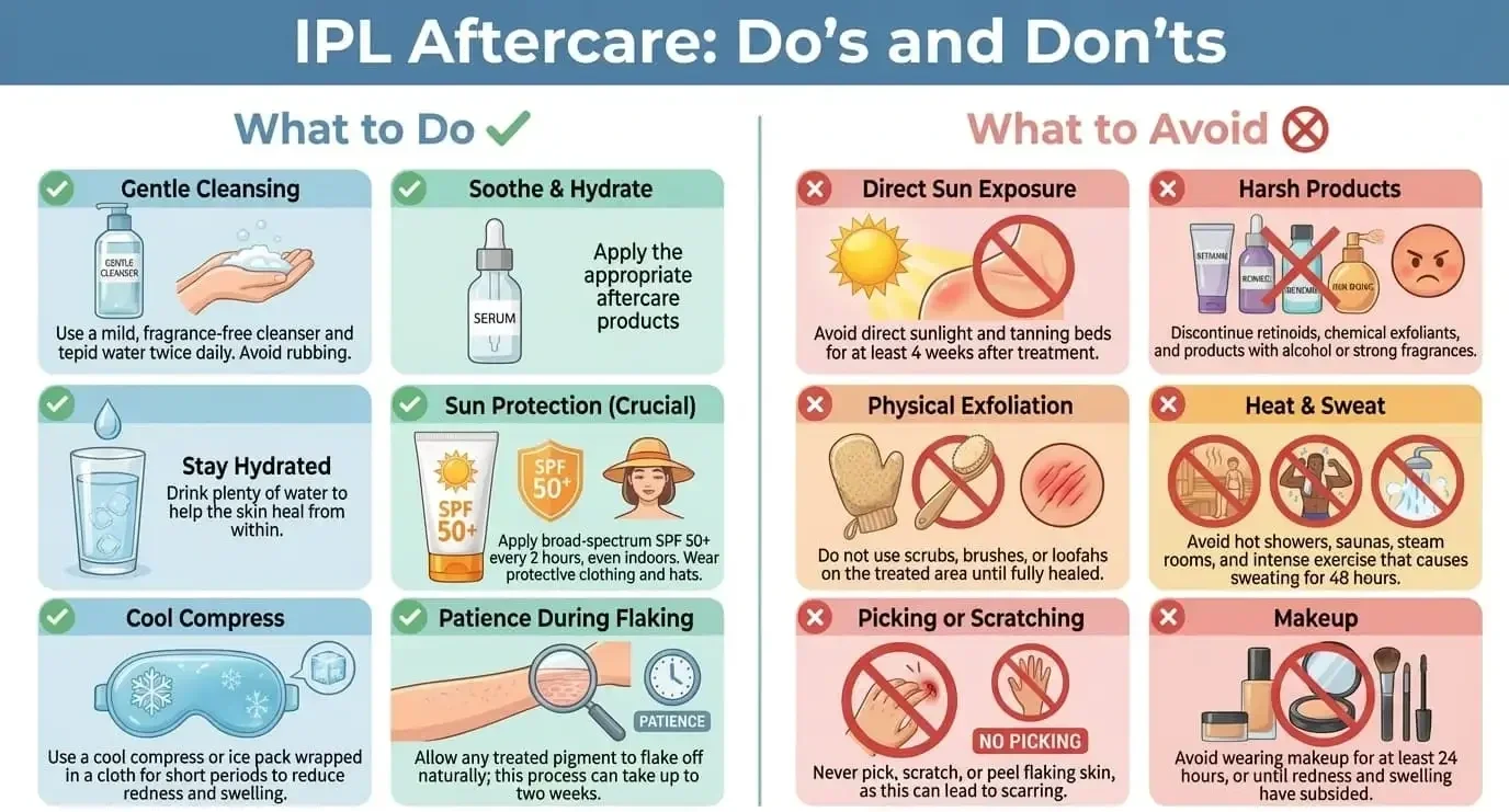 IPL aftercare checklist showing what to do and what to avoid after intense pulsed light treatment