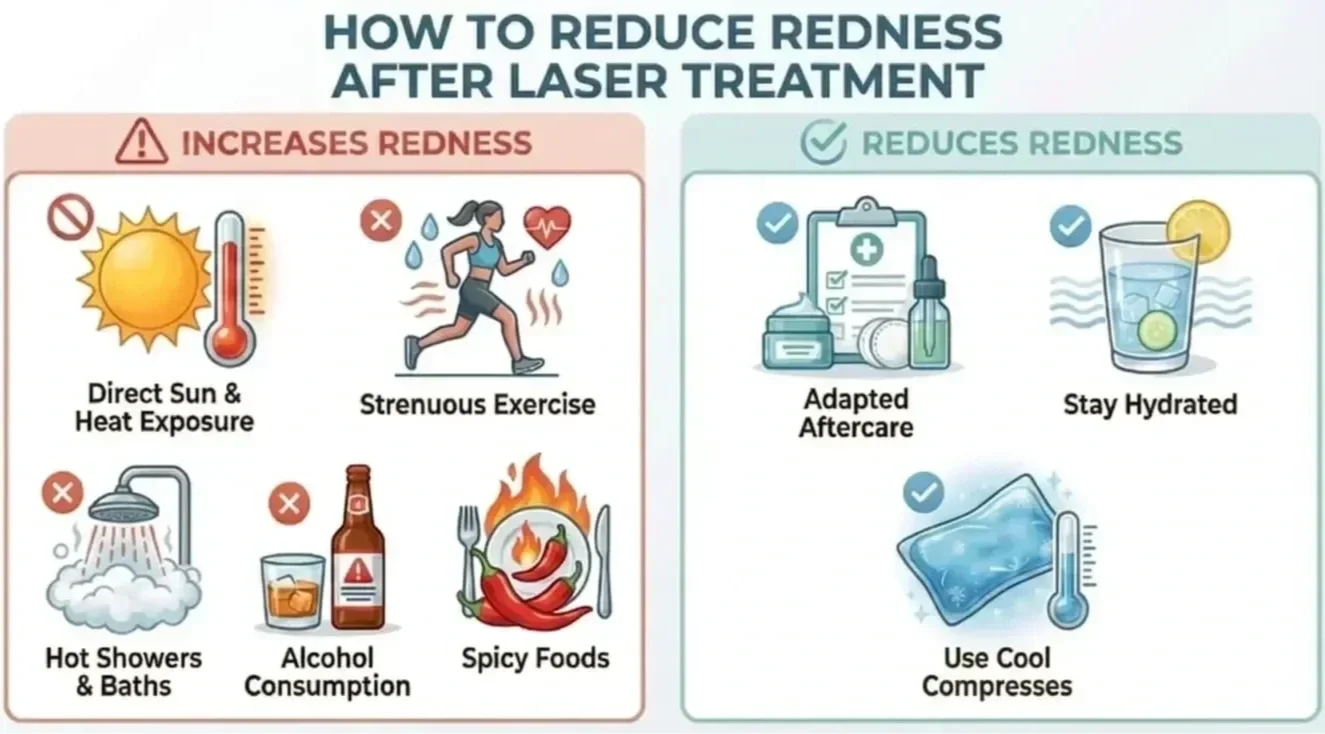 Visual guide showing how to reduce redness after laser treatment with dos and donts for faster recovery