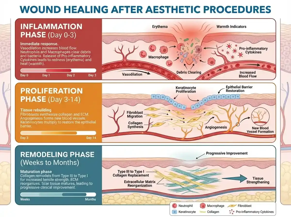 Diagram showing the three phases of wound healing after aesthetic procedures with cellular mechanisms
