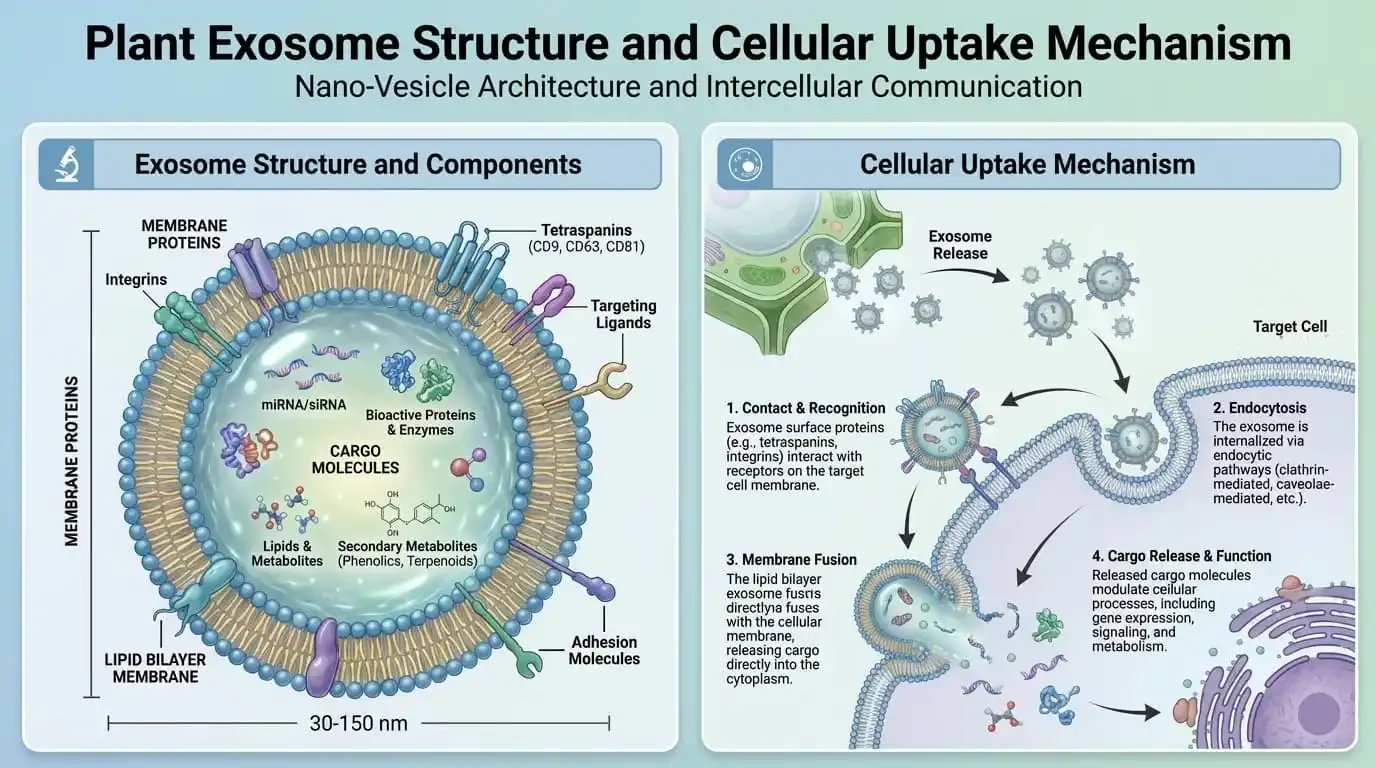 Plant exosome structure showing lipid bilayer nanovesicle containing phyto-miRNA, lipids, and proteins for skin recovery