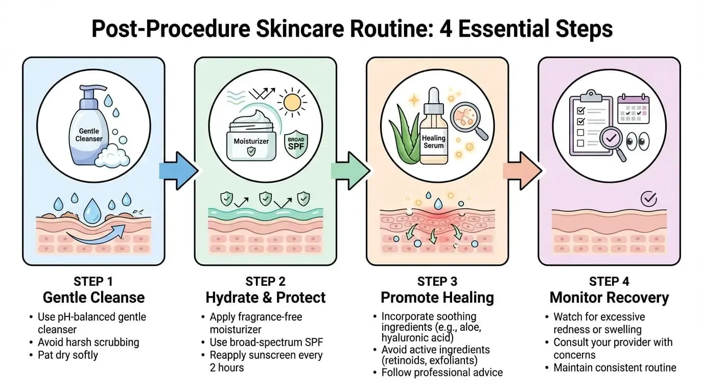 Post-procedure skincare routine showing the four essential steps in order: gentle cleanse, recovery serum, moisturizer, and sun protection