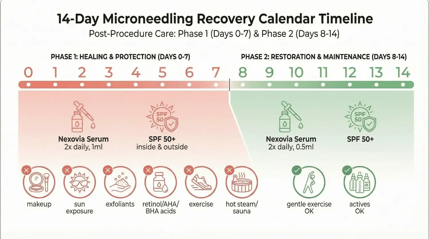 Microneedling aftercare day by day recovery calendar with recommended skincare products for healing