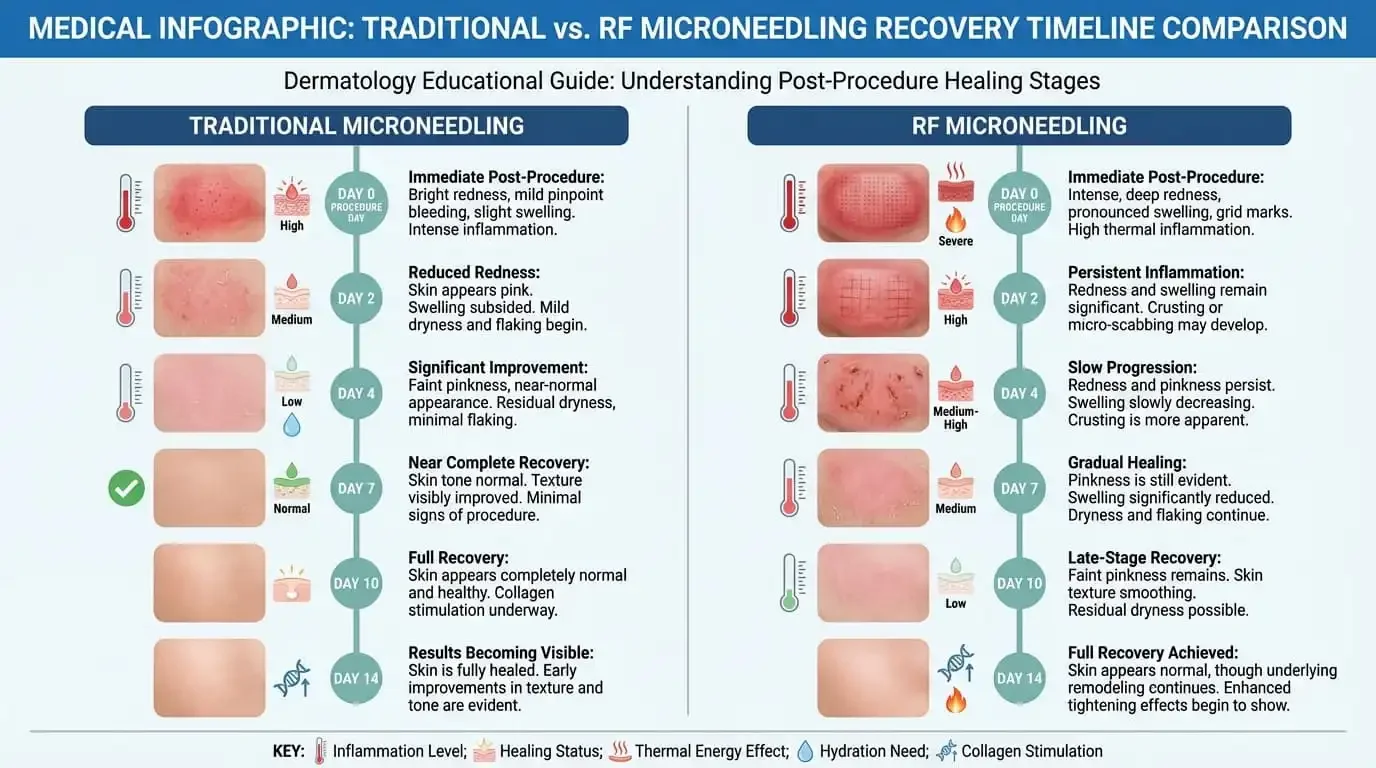 Infographic comparing RF microneedling vs traditional microneedling recovery timeline and key differences in healing