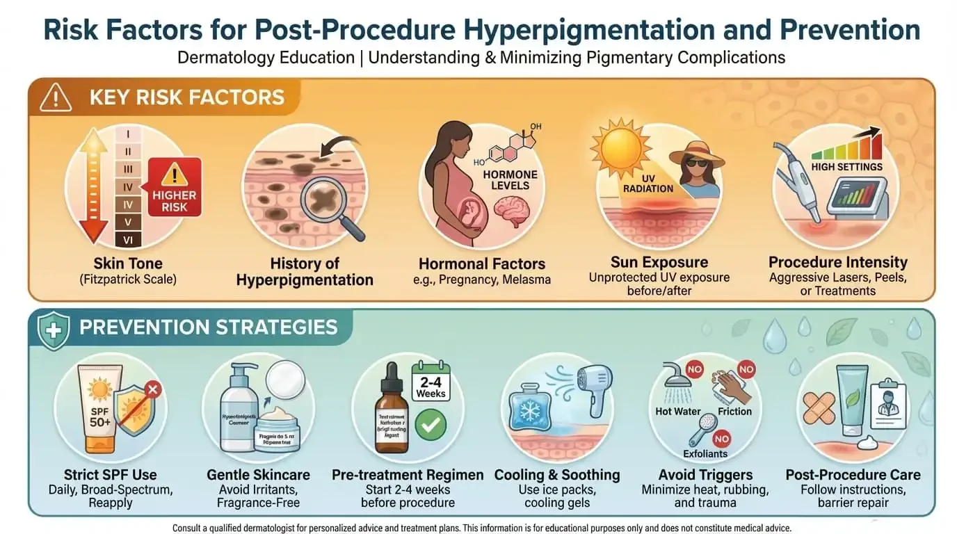 Visual guide showing risk factors for hyperpigmentation after aesthetic procedures and key prevention strategies