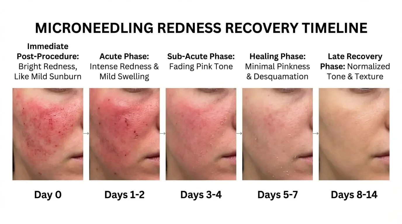 Infographic showing how long redness lasts after microneedling with day by day progression from intense redness to full resolution.