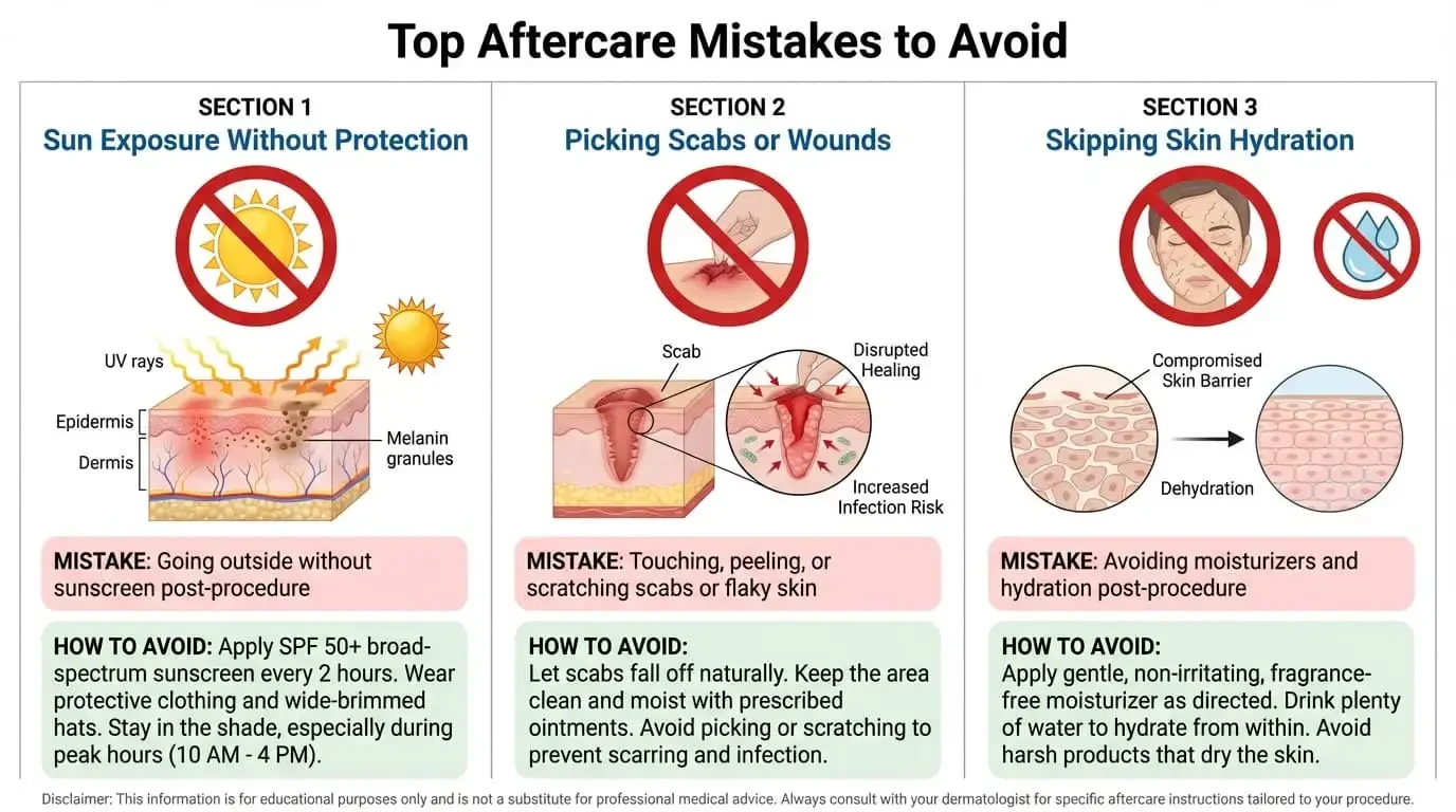 Common aftercare mistakes to avoid after aesthetic procedures including sun exposure, picking skin, and using active ingredients too soon