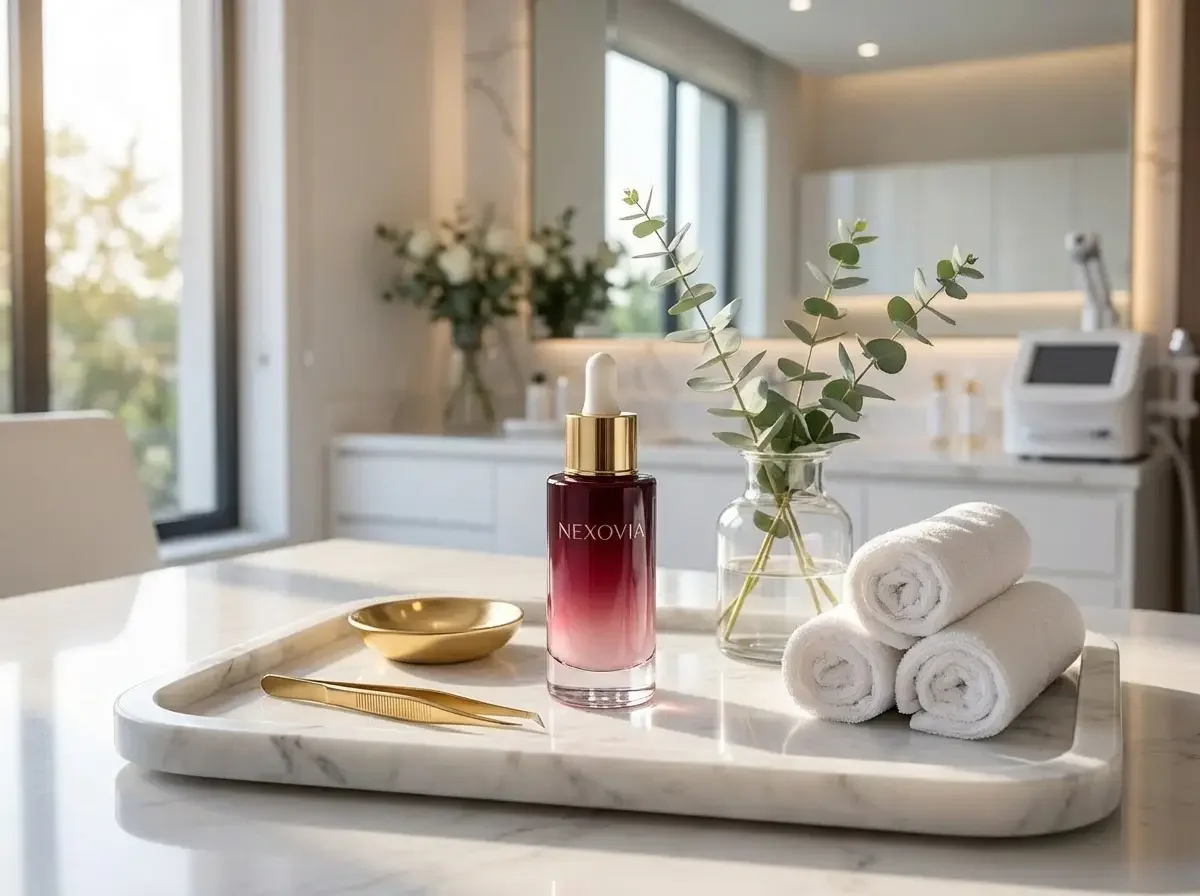 Nexovia Skin Serum bottle with dropper, bio-intelligent aftercare for post-procedure recovery