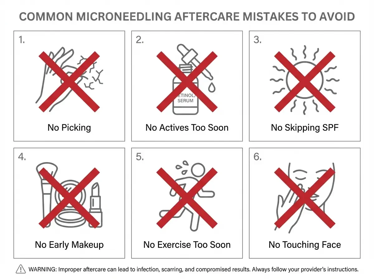 Common microneedling aftercare mistakes to avoid including picking, actives, and sun exposure