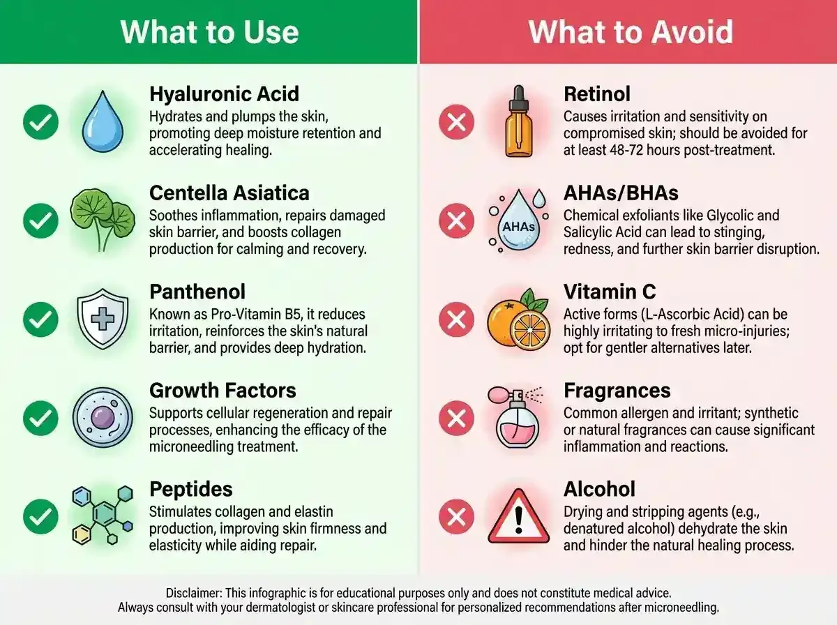 Post-microneedling skincare ingredients showing what to use and what to avoid during recovery