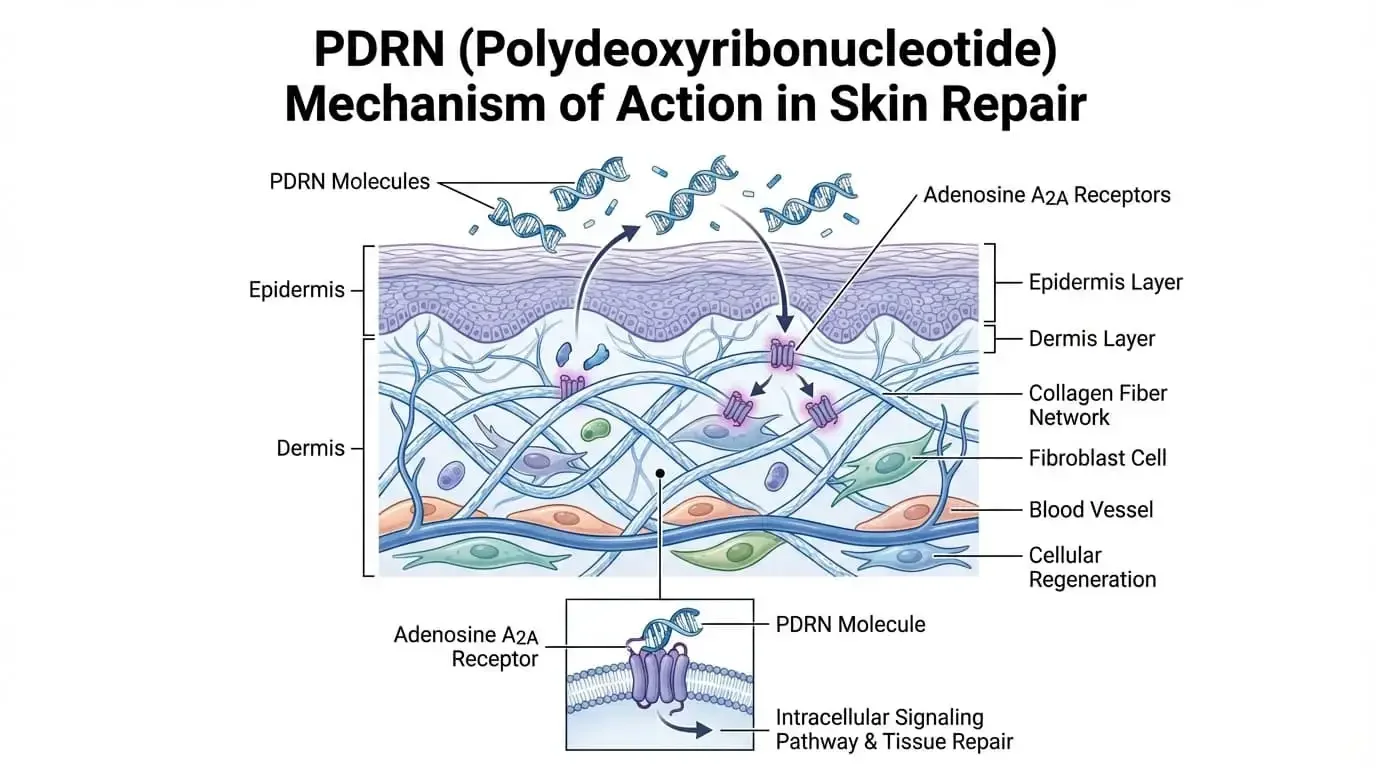 PDRN in skincare showing the tissue repair ingredient popular in K-Beauty for healing and regeneration.