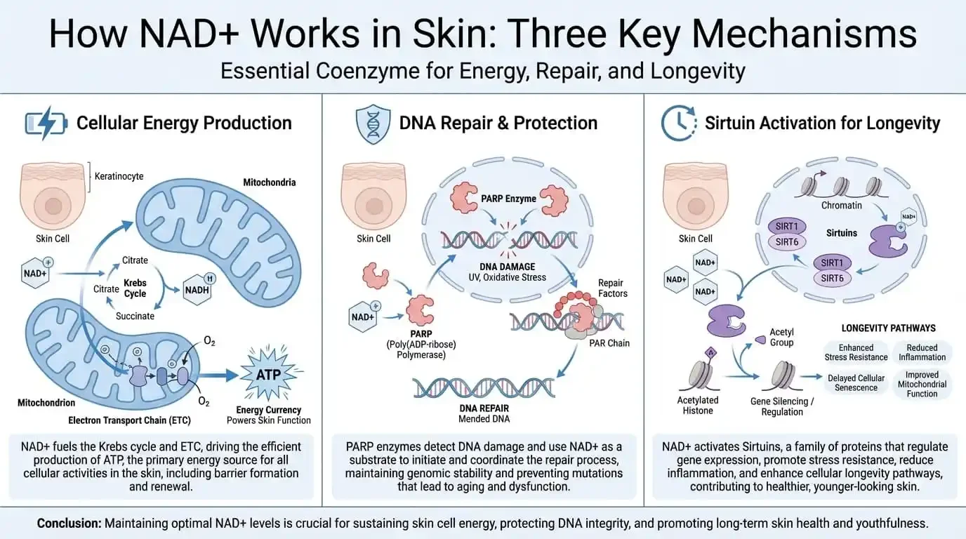 How NAD+ works in skin cells showing energy production, DNA repair, and sirtuin activation for recovery and anti-aging