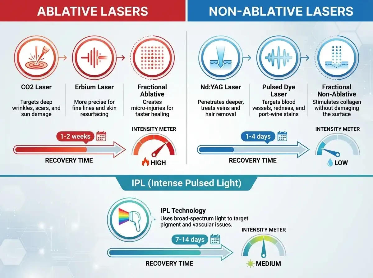 Comparison of ablative vs non-ablative laser treatments showing recovery times and examples