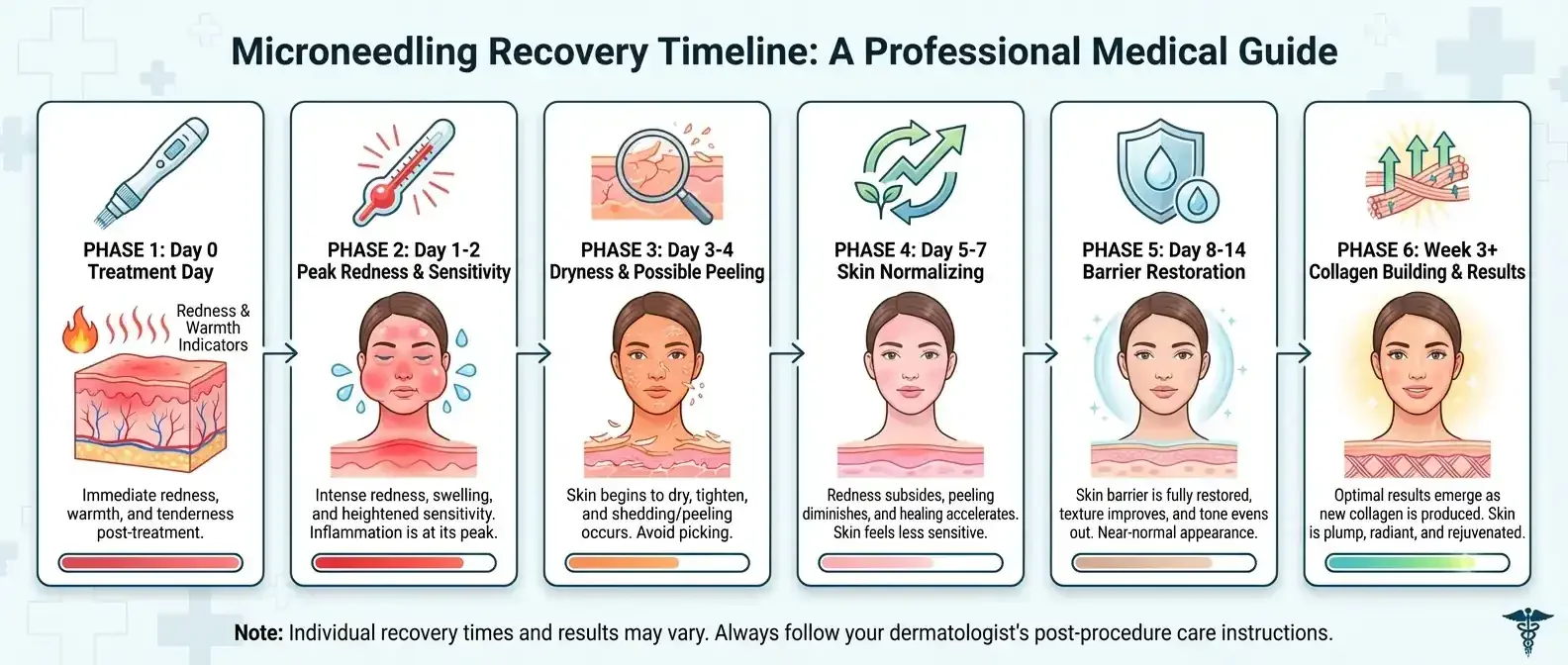 Microneedling recovery timeline showing day-by-day healing from treatment through results