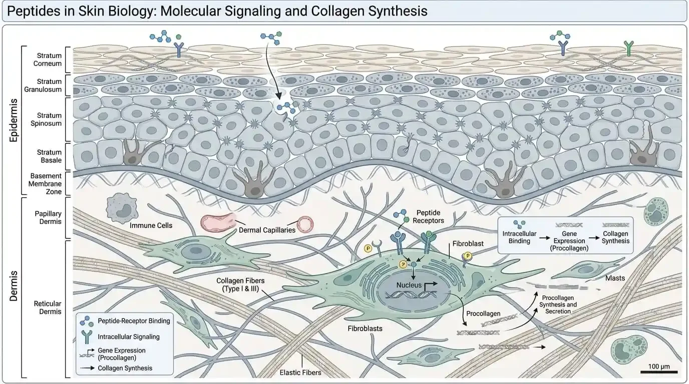 How peptides support skin barrier repair showing sh-Oligopeptide-1, sh-Polypeptide-1, Palmitoyl Pentapeptide-4, and Acetyl Hexapeptide-8 mechanisms