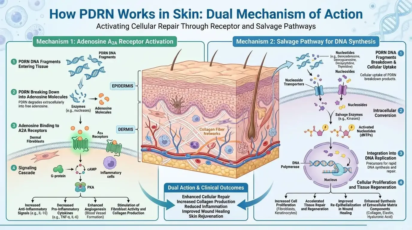 How PDRN works in skincare showing adenosine receptor activation and tissue repair pathways for skin regeneration