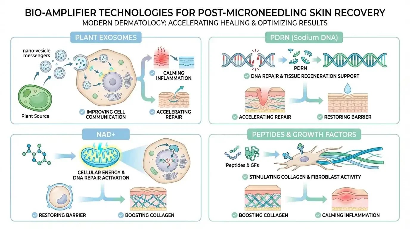 Infographic showing the best ingredients to put on your face after microneedling organized by healing function