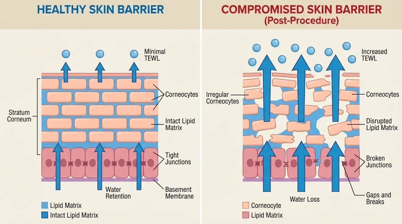 Comparison of healthy skin barrier retaining moisture versus compromised barrier after a procedure with increased transepidermal water loss causing tightness