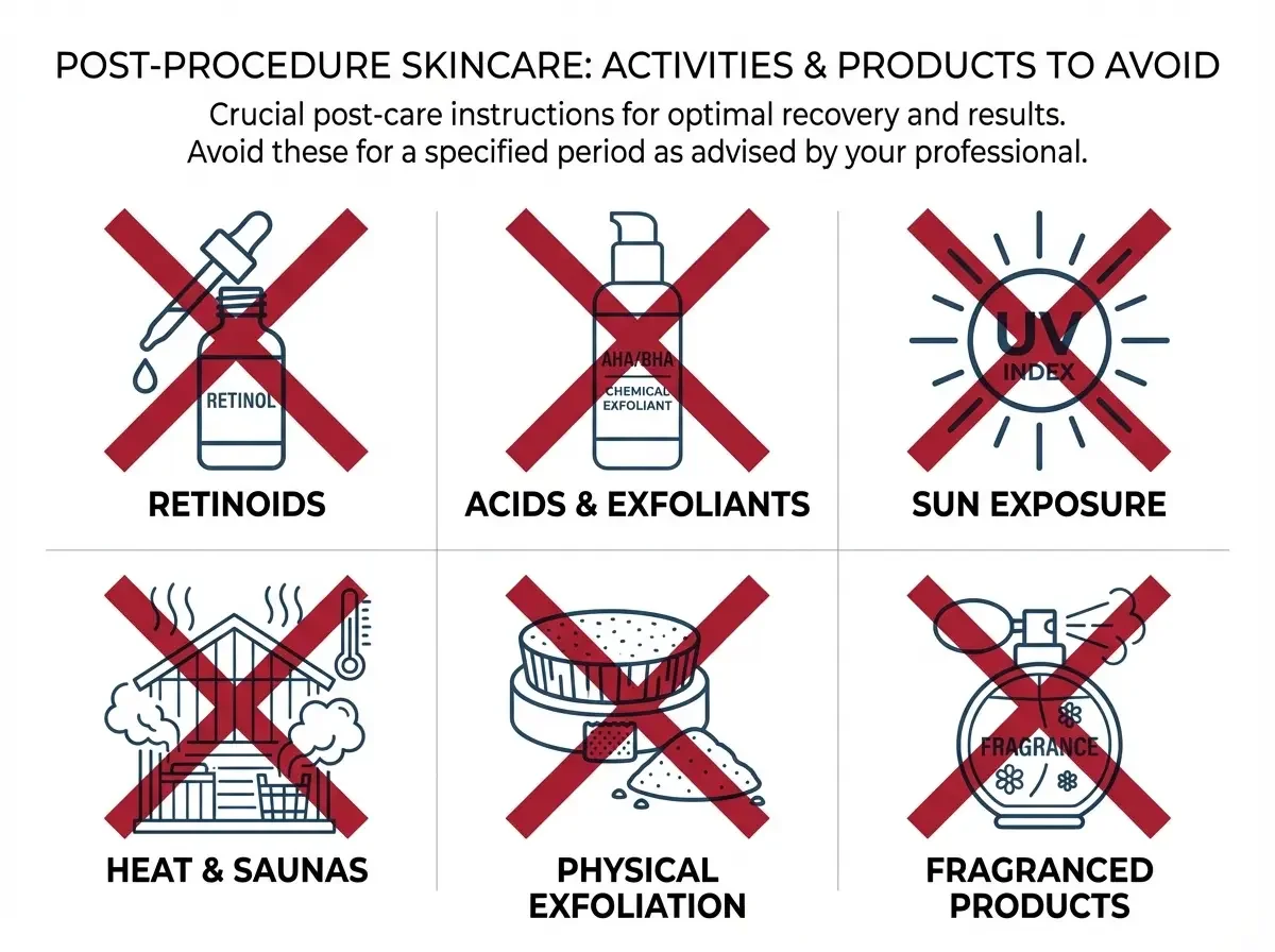 Products and activities to avoid after aesthetic procedures including retinoids, acids, and sun exposure