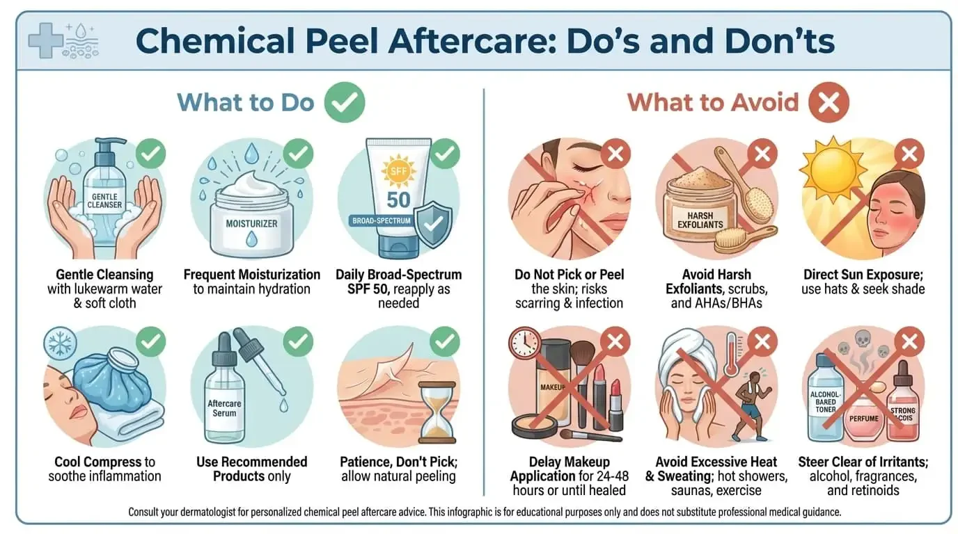 Chemical peel aftercare healing timeline showing recovery phases by peel depth from day one through complete healing