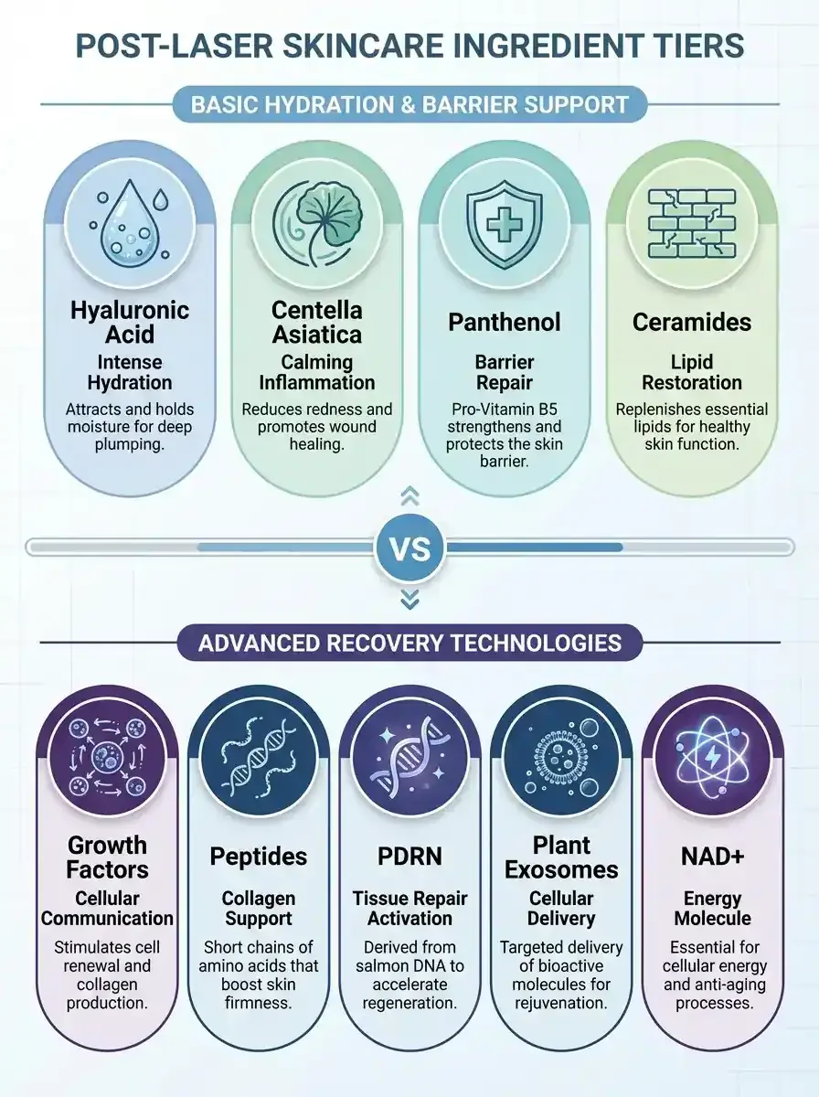 Key ingredients for post-laser recovery including hyaluronic acid, centella asiatica, panthenol, and ceramides, peptides, growth facotrs, exosomes, pdrn, nad+