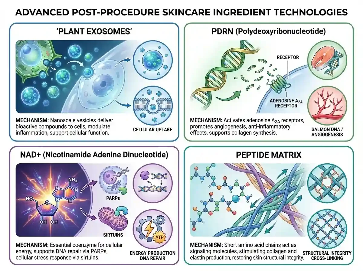 Advanced skincare technologies for post-procedure recovery including exosomes, PDRN, NAD+, and peptides