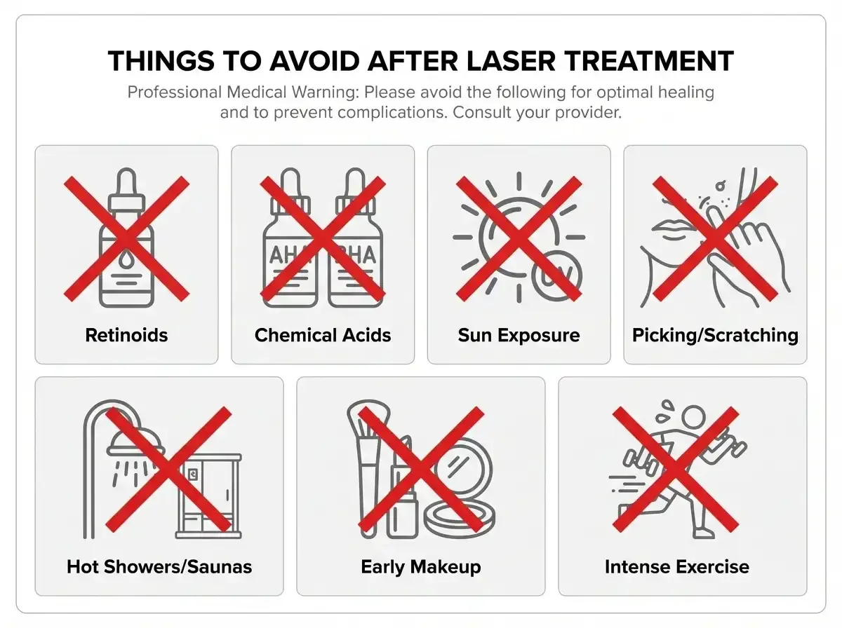Things to avoid after laser treatment including retinol, acids, sun exposure, and picking at skin