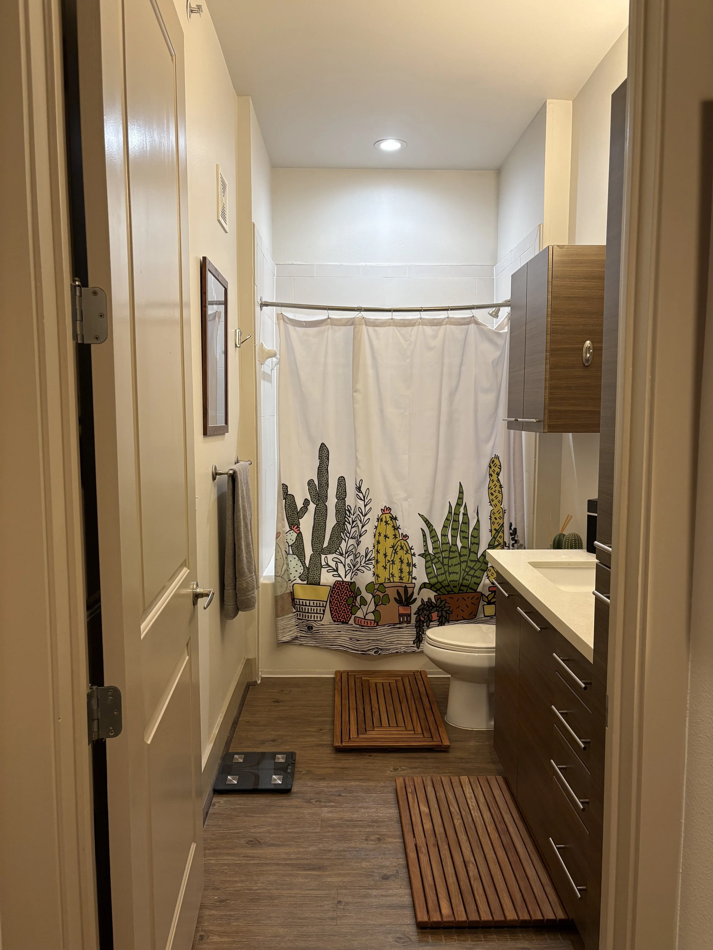 Bathroom with a shower curtain decorated with cacti, a toilet, wooden bath mats, and a vanity with drawers.