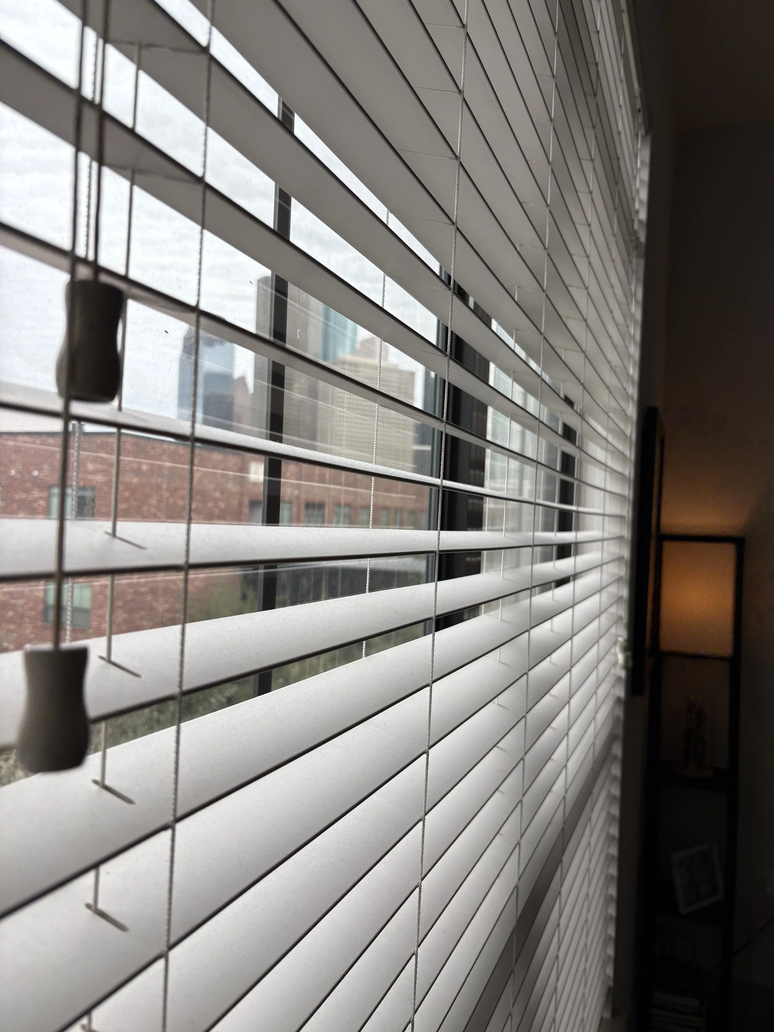 View through office window with white horizontal blinds, showing a cityscape with brick and glass buildings outside.