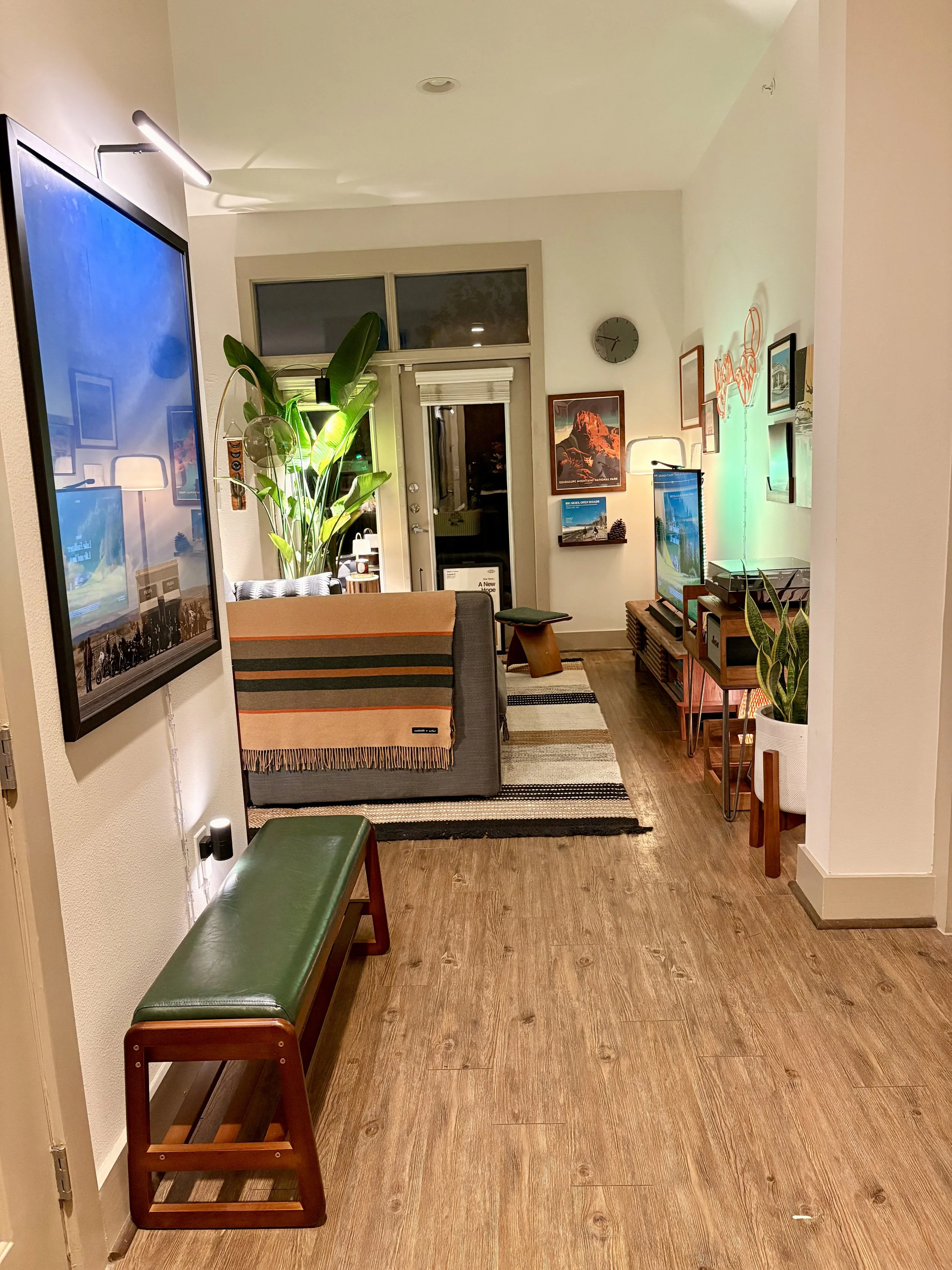 Living room with wooden flooring, green plant near the door, TV on a stand, seating area with a colorful blanket, artwork on walls, and decorative items including a neon sign.