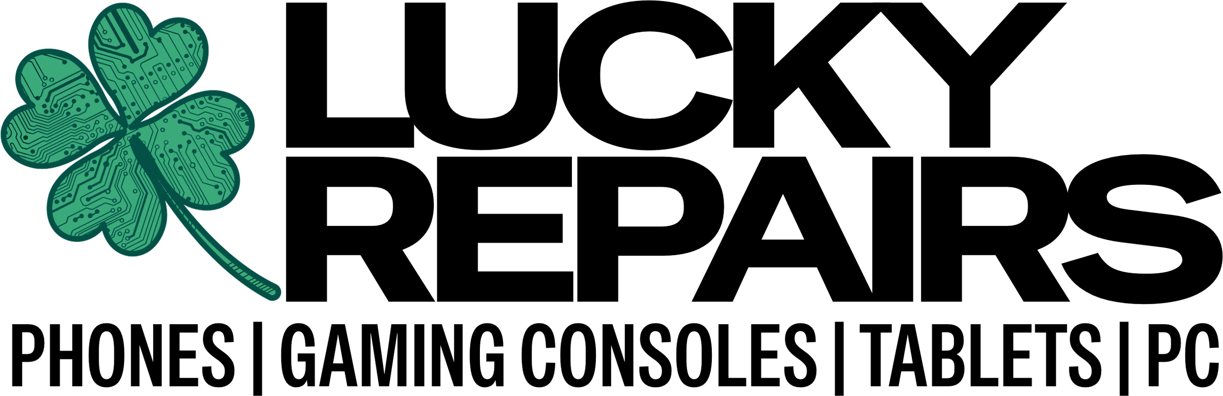 Illustration of a four-leaf clover with a circuit board pattern on the leaves, beside black text that reads "Lucky Circuit".